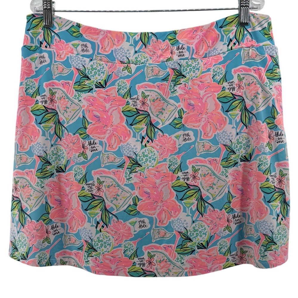Lulu-B Womens XL Golf Skort Blue Pink Floral 19th Hole Cocktail Print Activewear